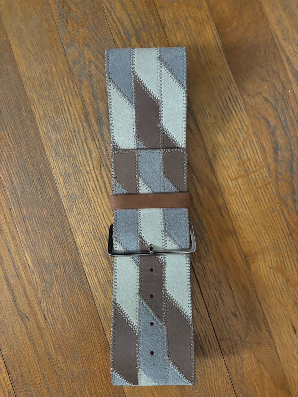 Linea Pelle  Striped Leather and Suede Wide High Waist Belt in Gray and Brown